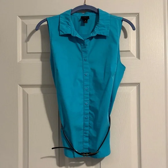 Worthington Turquoise Sleeveless Button-Down Shirt - Picture 4 of 5